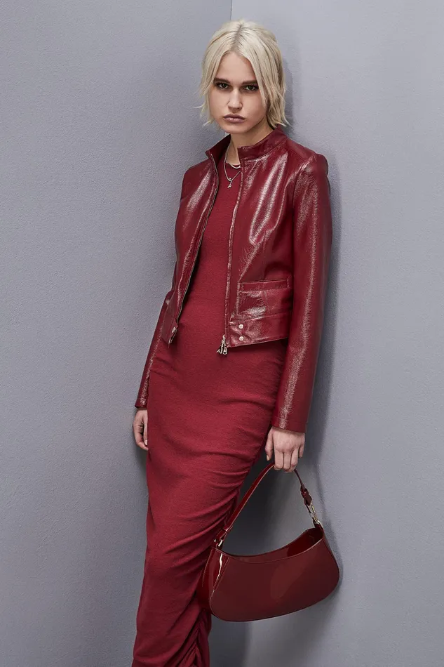 Jackets Women Patrizia Pepe Patent Leather Slim Biker Jacket Cherry Bomb