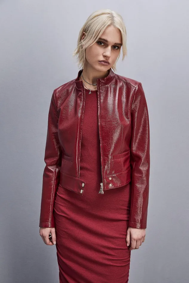 Jackets Women Patrizia Pepe Patent Leather Slim Biker Jacket Cherry Bomb