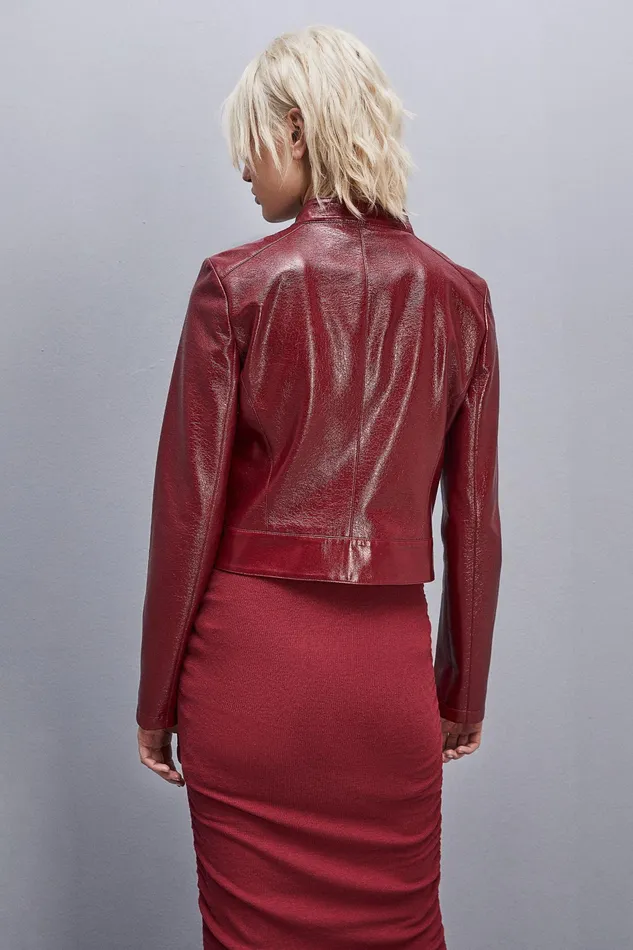 Jackets Women Patrizia Pepe Patent Leather Slim Biker Jacket Cherry Bomb
