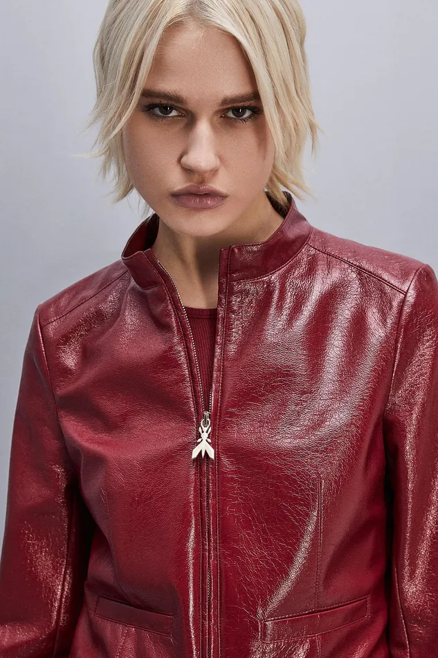 Jackets Women Patrizia Pepe Patent Leather Slim Biker Jacket Cherry Bomb