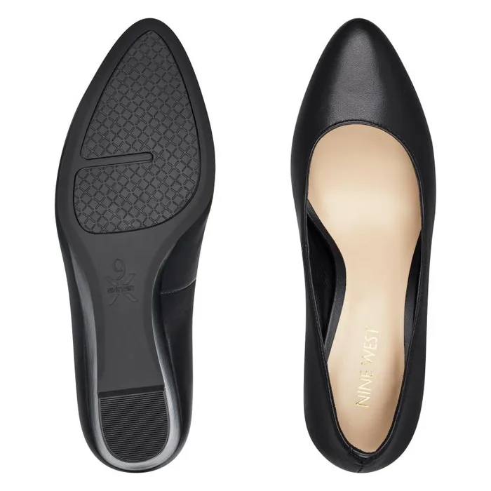 Jazzin Almond Toe Wedges Black Leather Women Nine West Heels