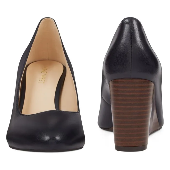 Jazzin Almond Toe Wedges Navy Leather Women Nine West Heels