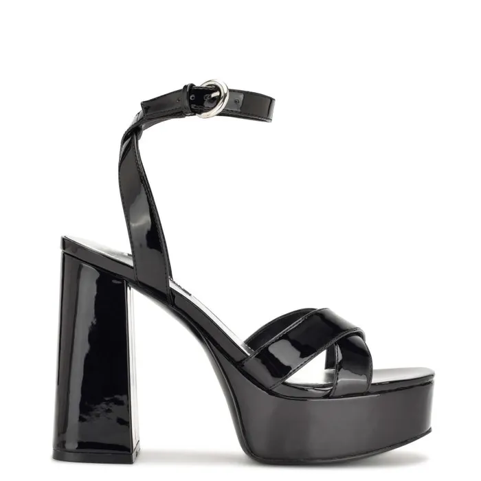 Joya Platform Sandals Black Patent Women Nine West Heels