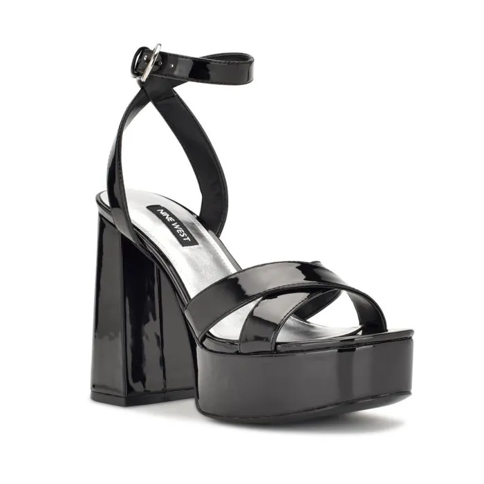 Joya Platform Sandals Black Patent Women Nine West Heels