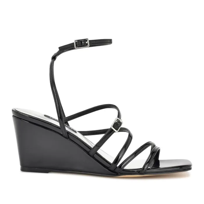 Keamer Ankle Strap Wedge Sandals Black Patent Women Nine West Sandals