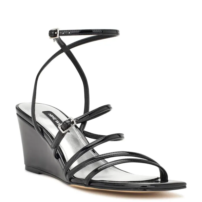 Keamer Ankle Strap Wedge Sandals Black Patent Women Nine West Sandals