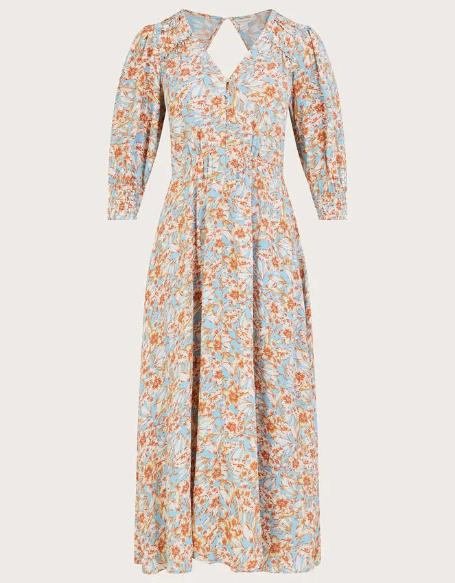 Keava Floral Print Tea Dress In Sustainable Viscose Blue Women Monsoon Dresses