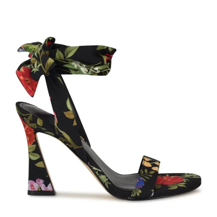 Kelsie Ankle Wrap Heeled Sandals Black Floral Women Nine West Sandals