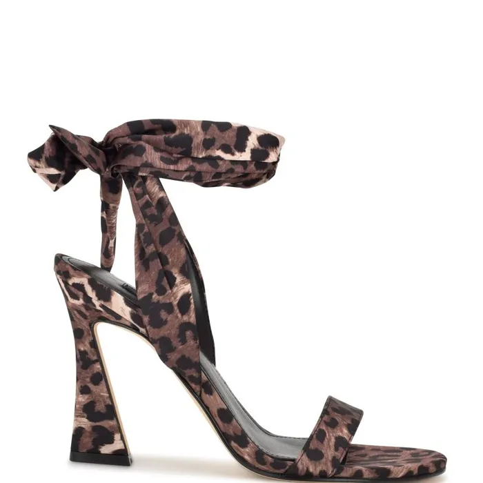 Kelsie Ankle Wrap Heeled Sandals Leopard Satin Women Nine West Sandals