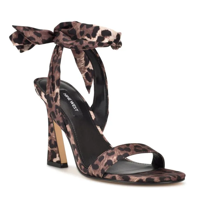 Kelsie Ankle Wrap Heeled Sandals Leopard Satin Women Nine West Sandals