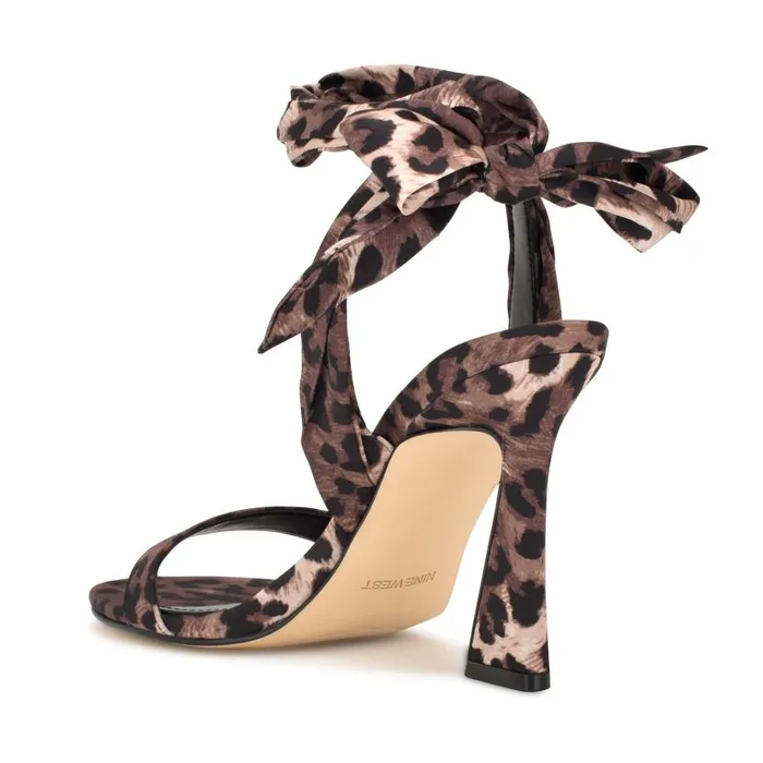 Kelsie Ankle Wrap Heeled Sandals Leopard Satin Women Nine West Sandals