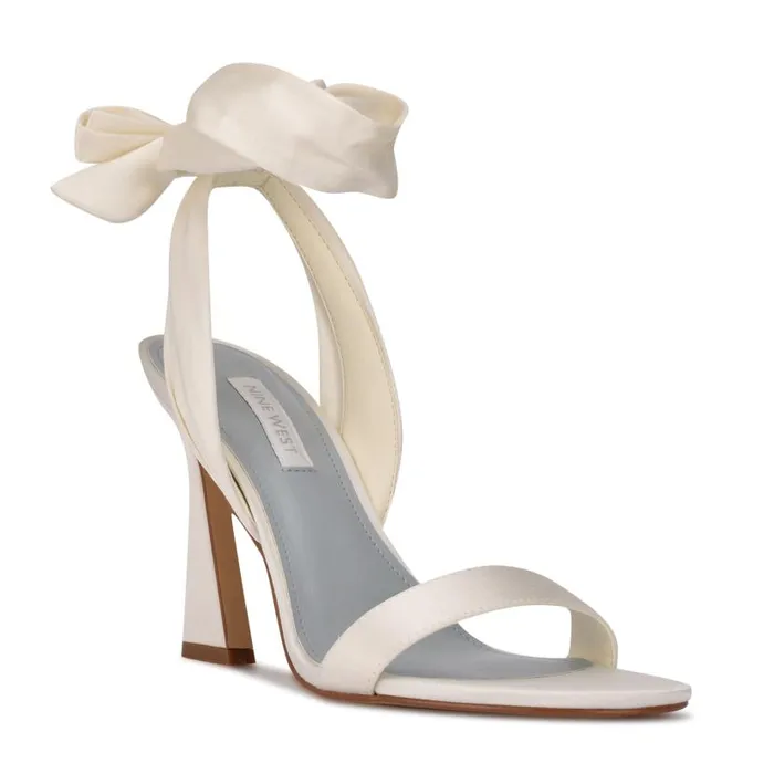 Kelsie Ankle Wrap Heeled Sandals White Satin Women Nine West Sandals