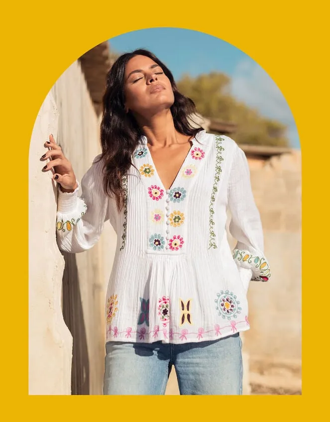 La Galeria Elefante HandEmbroidered Blouse White Women Monsoon Tops and Blouses