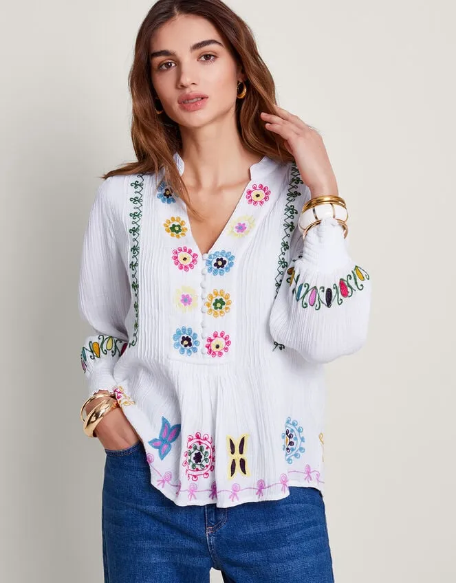 La Galeria Elefante HandEmbroidered Blouse White Women Monsoon Tops and Blouses