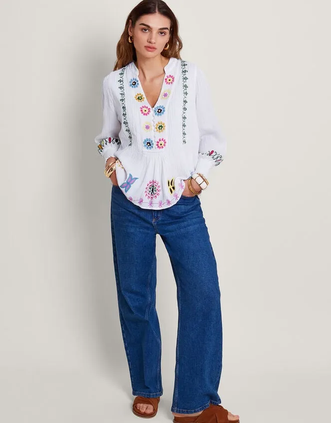 La Galeria Elefante HandEmbroidered Blouse White Women Monsoon Tops and Blouses