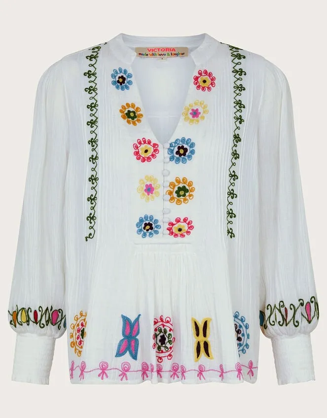 La Galeria Elefante HandEmbroidered Blouse White Women Monsoon Tops and Blouses