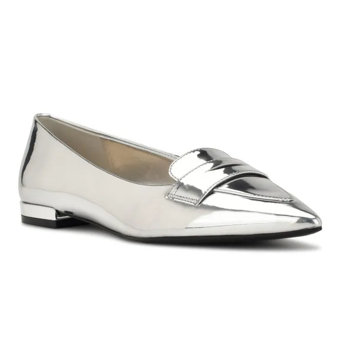 Lallin Pointy Toe Loafers Silver Mirror Metallic Women Nine West Flats and Loafers