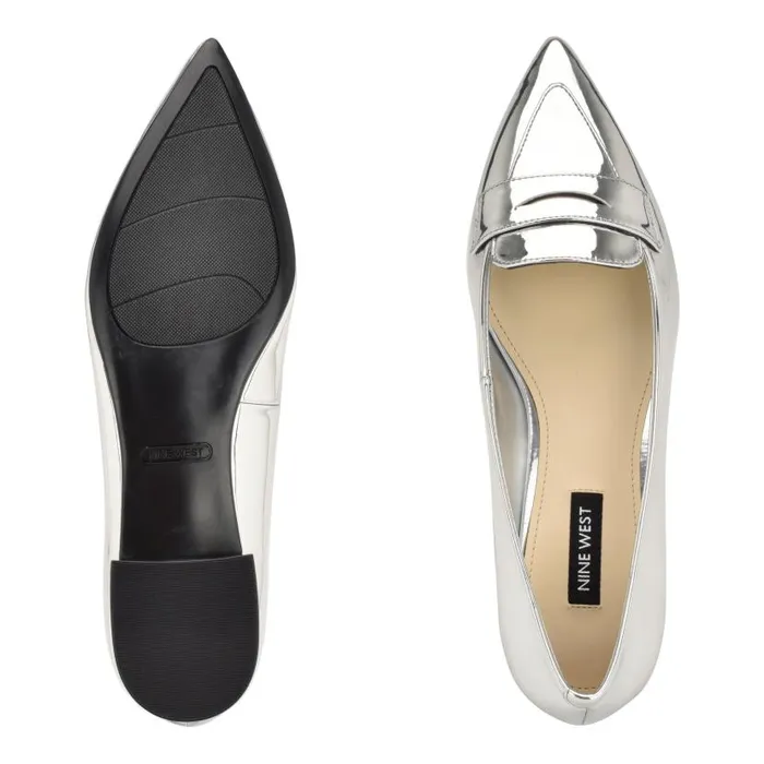 Lallin Pointy Toe Loafers Silver Mirror Metallic Women Nine West Flats and Loafers