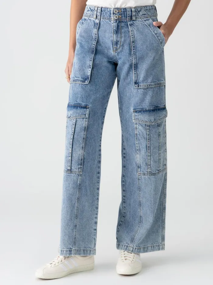 Level Up Standard Rise Denim Cargo Pant Digital Blue Women Sanctuary Clothing Pants