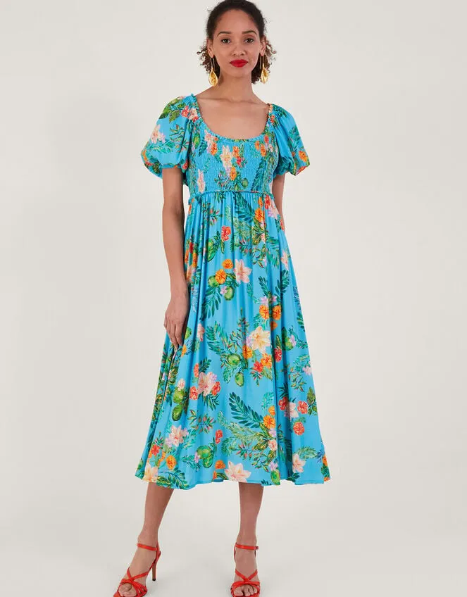 Limella Floral Print Shirred Dress In Sustainable Viscose Blue Women Monsoon Occasionwear