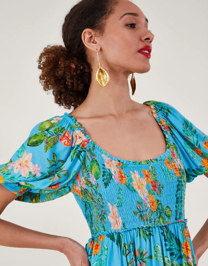 Limella Floral Print Shirred Dress In Sustainable Viscose Blue Women Monsoon Occasionwear