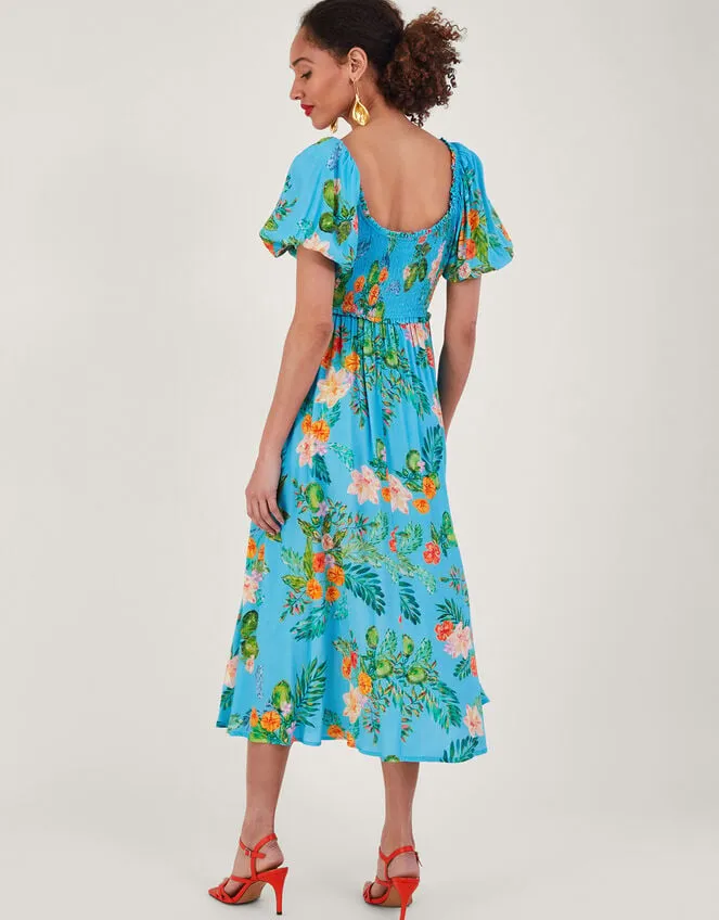 Limella Floral Print Shirred Dress In Sustainable Viscose Blue Women Monsoon Occasionwear