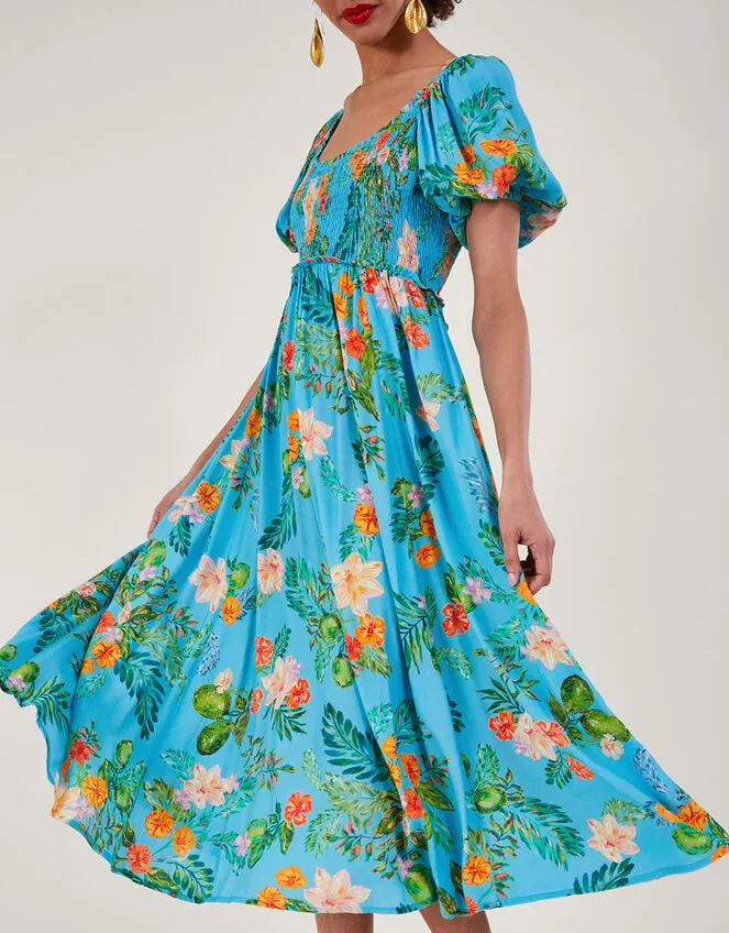 Limella Floral Print Shirred Dress In Sustainable Viscose Blue Women Monsoon Occasionwear