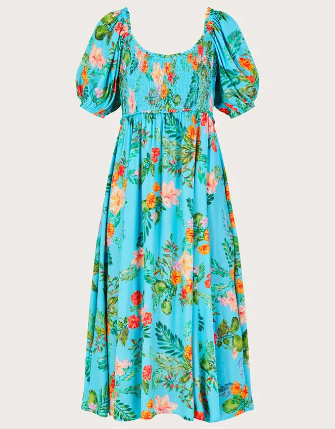 Limella Floral Print Shirred Dress In Sustainable Viscose Blue Women Monsoon Occasionwear