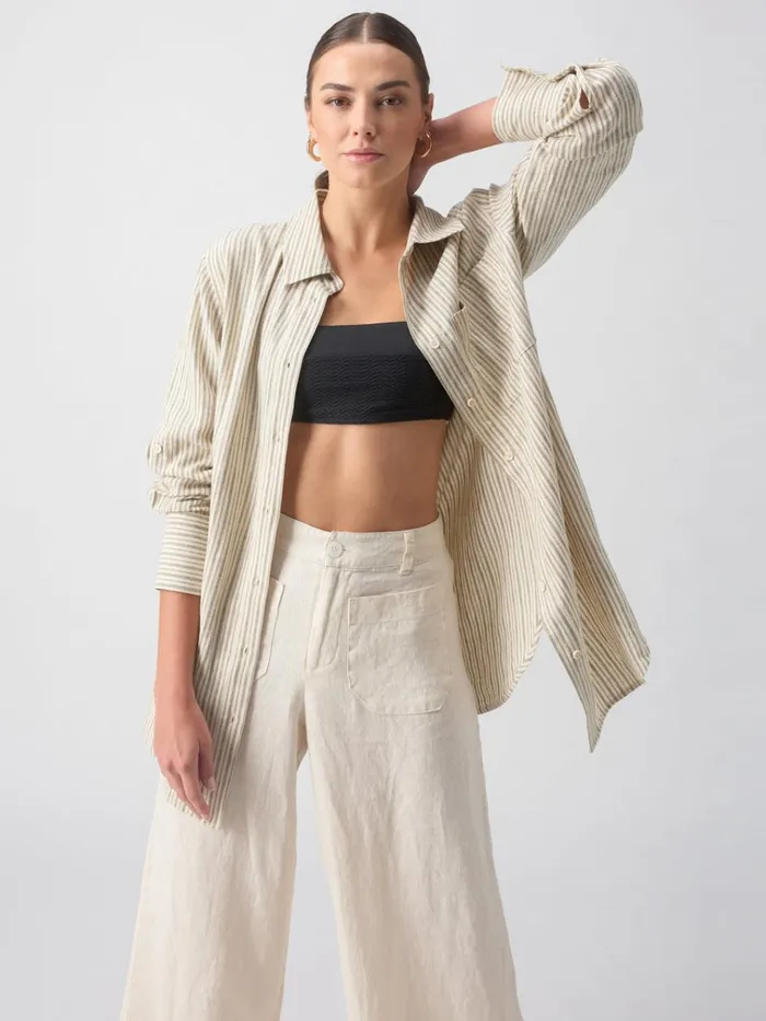 Long Line Pocket Shirt Eco Olive Stripe Women Sanctuary Clothing Tees and Tops