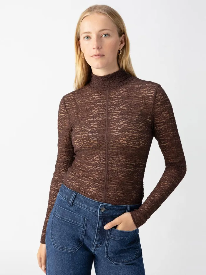 Long Sleeve Textured Mock Neck Top Brown Sugar Women Sanctuary Clothing Tees and Tops
