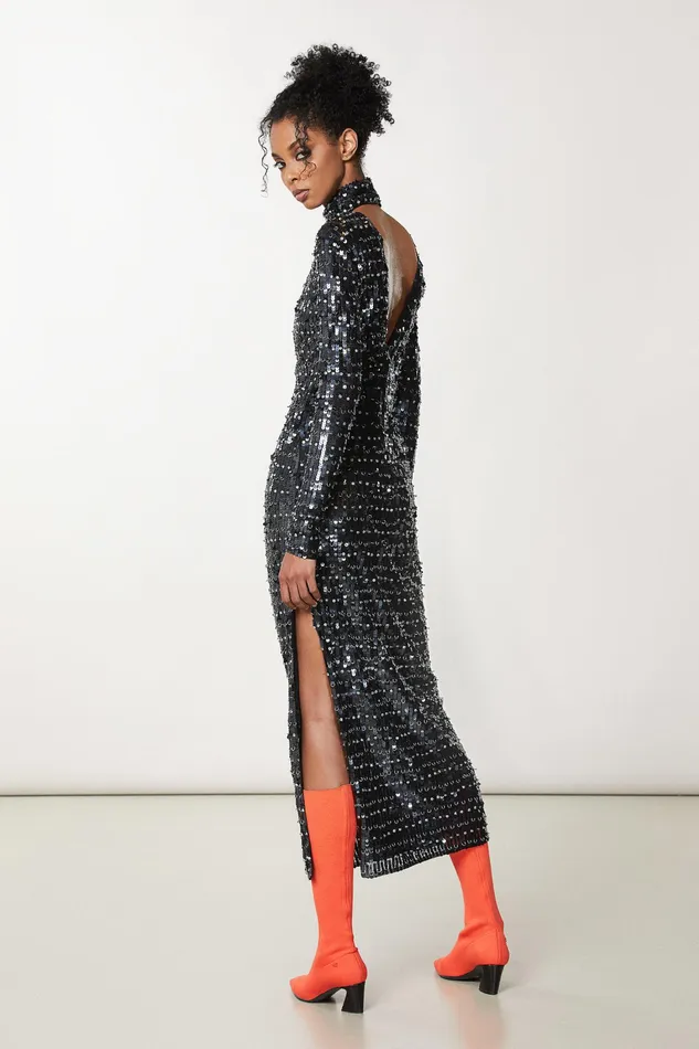 Long Women Patrizia Pepe Sequined Dress With Open Back Black Sequinsandsilver