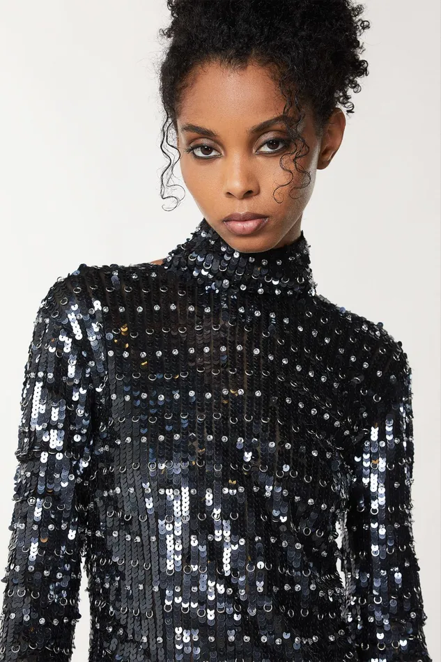 Long Women Patrizia Pepe Sequined Dress With Open Back Black Sequinsandsilver