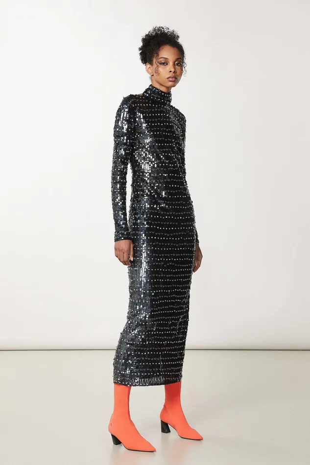 Long Women Patrizia Pepe Sequined Dress With Open Back Black Sequinsandsilver