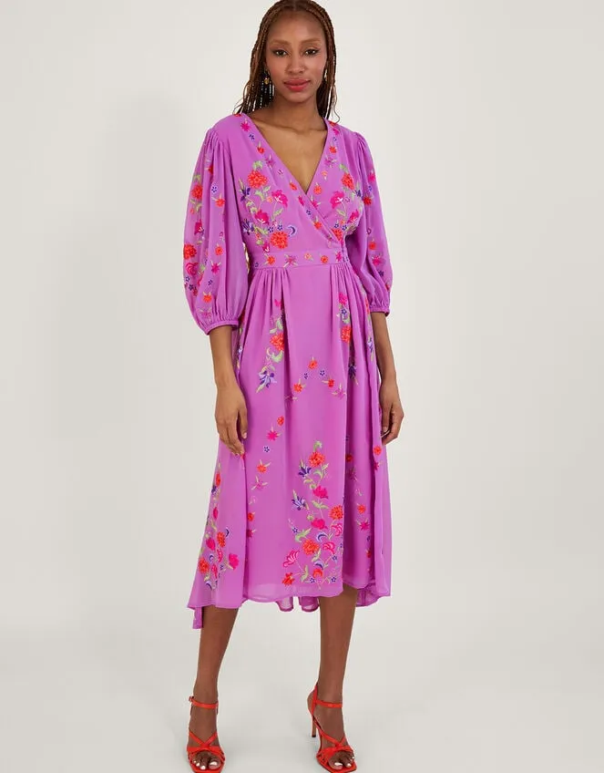 Lusia Embroidered Wrap Dress In Recycled Polyester Purple Women Monsoon Occasionwear