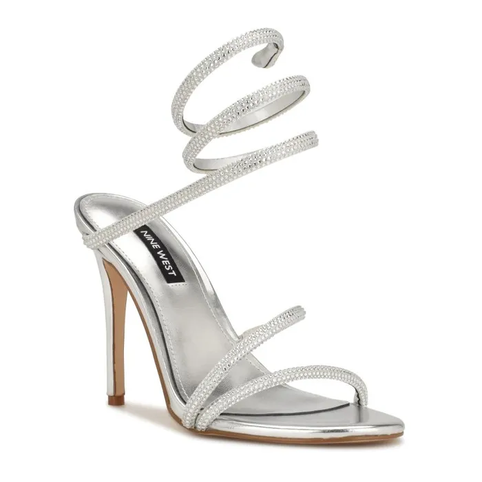 Maskil Ankle Wrap Heeled Sandals Silver Shimmer Women Nine West Sandals