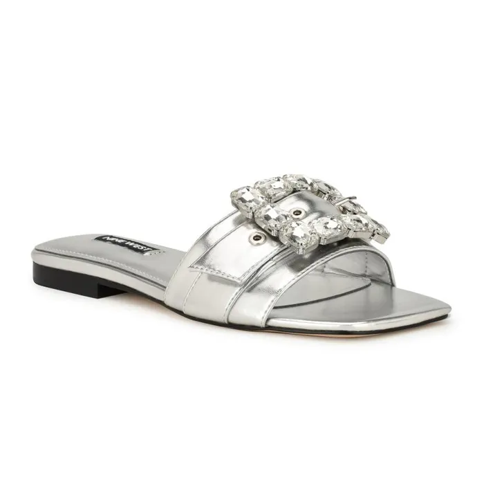 Matter Buckle Flat Sandals Silver Women Nine West Sandals
