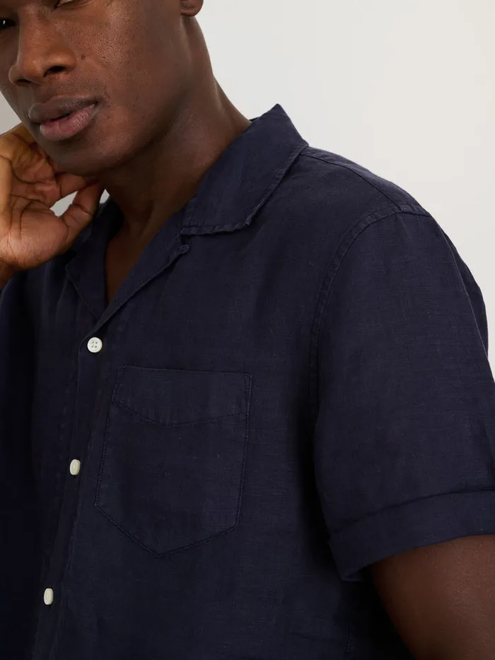 Men Alex Mill Shirts Camp Shirt In Linen Dark Navy
