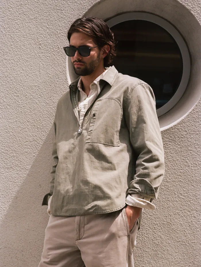 Men Alex Mill Shirts Ryder Popover In Cotton Herringbone Faded Olive