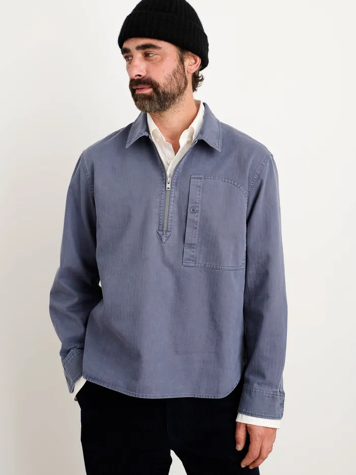 Men Alex Mill Shirts Ryder Popover In Cotton Herringbone Storm Blue