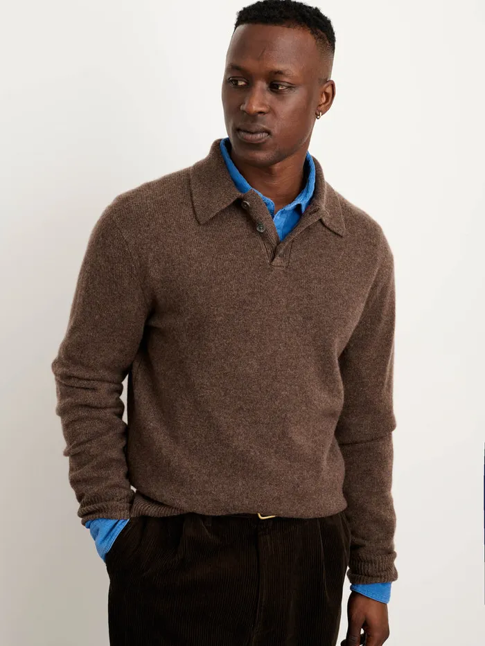 Men Alex Mill Sweaters Sweatshirts Polo Sweater In Washed Cashmere Heather Chocolate