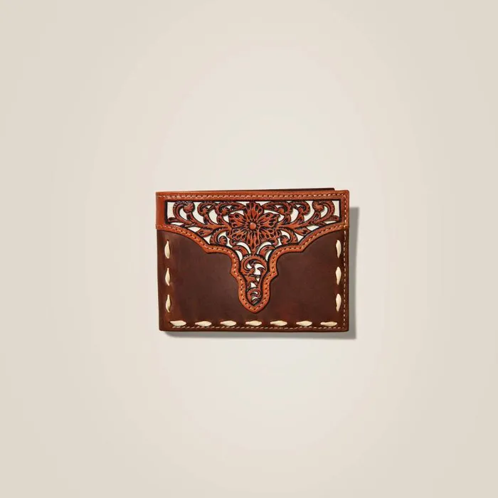Men Bags and Wallets Ariat Bifold Wallet Floral Embroidery Run Stitch Medium Brown
