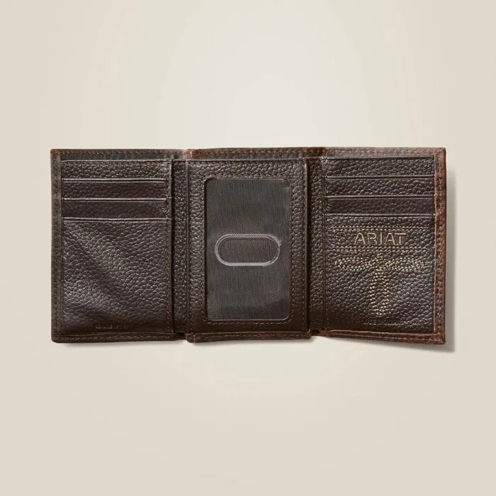 Men Bags and Wallets Ariat Trifold Wallet Stacked Logo Brown Rowdy