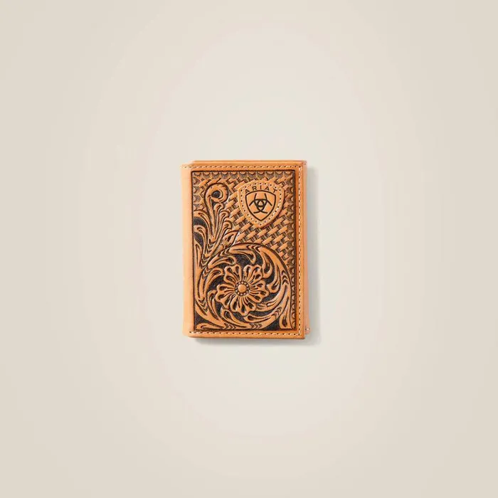Men Bags and Wallets Ariat Trifold Wallet Tan Floral Logo Embroidery Tan