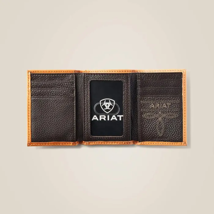 Men Bags and Wallets Ariat Trifold Wallet Tan Floral Logo Embroidery Tan