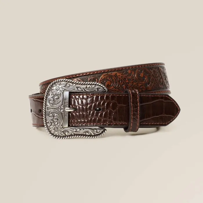 Men Belts Ariat Leaf Emboss Crock End Belt Brown