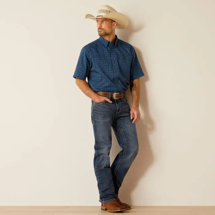 Men Button Down Shirts Ariat 360 AirFlow Classic Fit Shirt Ensign Blue