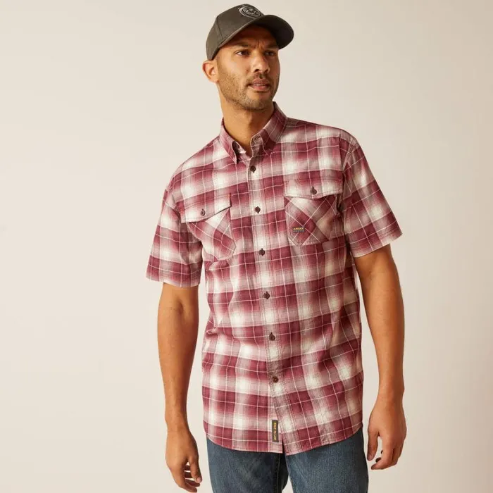 Men Button Down Shirts Ariat Rebar Made Tough DuraStretch Work Shirt Roan Rouge Plaid