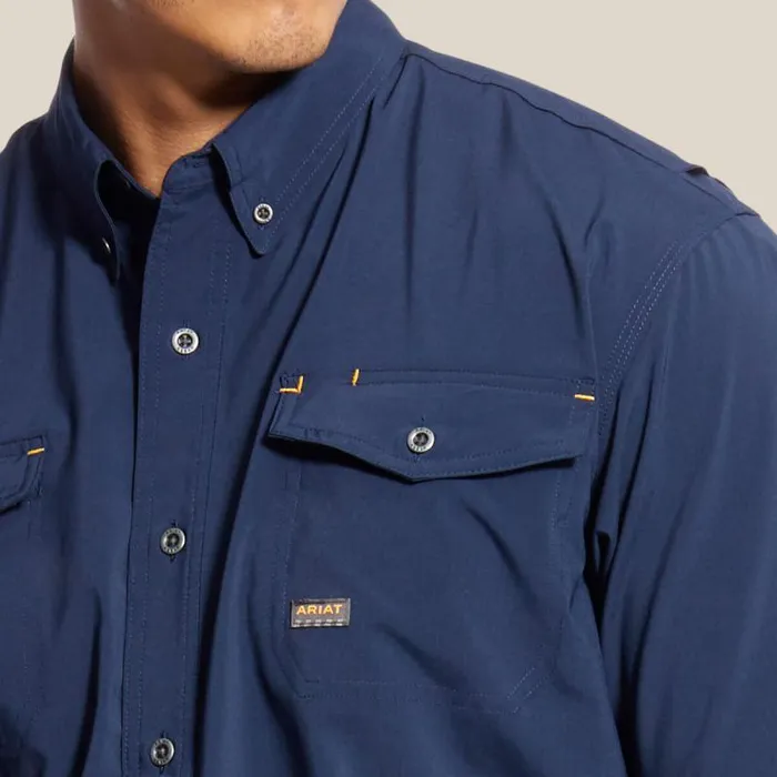 Men Button Down Shirts Ariat Rebar Made Tough VentTEK DuraStretch Work Shirt Navy