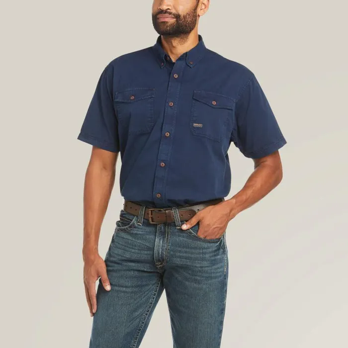 Men Button Down Shirts Ariat Rebar Washed Twill Work Shirt Navy