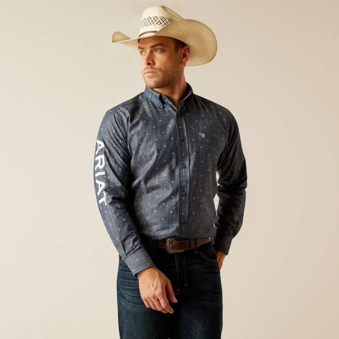 Men Button Down Shirts Ariat Team Everett Classic Fit Shirt Blue Chambray